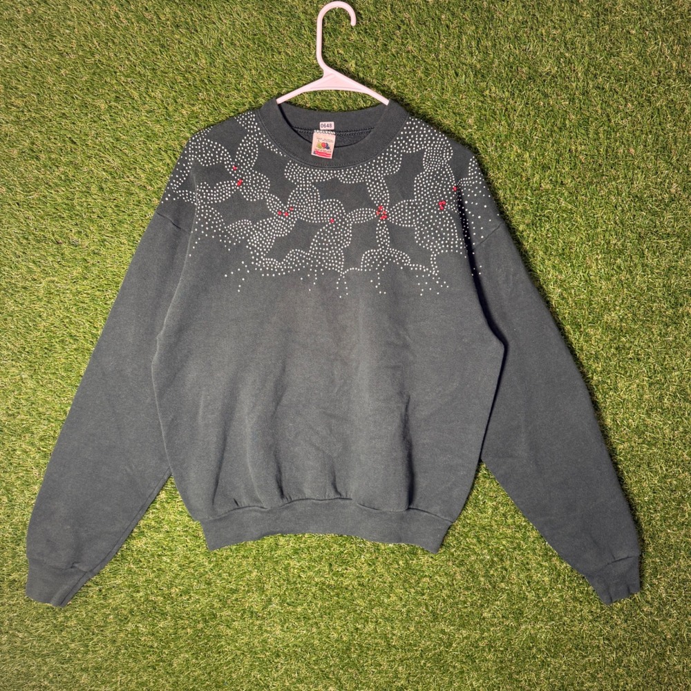 Vintage Fruit of the Loom Forest Green Rhinestone Embellished Sweatshirt L - Picture 1 of 5